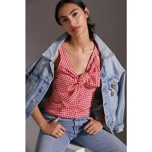 Anthropologie Eva Franco Red White Gingham Bow Sleeveless Bow Top Size Medium